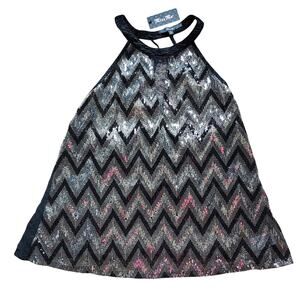 NEW Miss Me Chevron Silver Shimmery Blingy Sequins Women's Halter Top Size LG